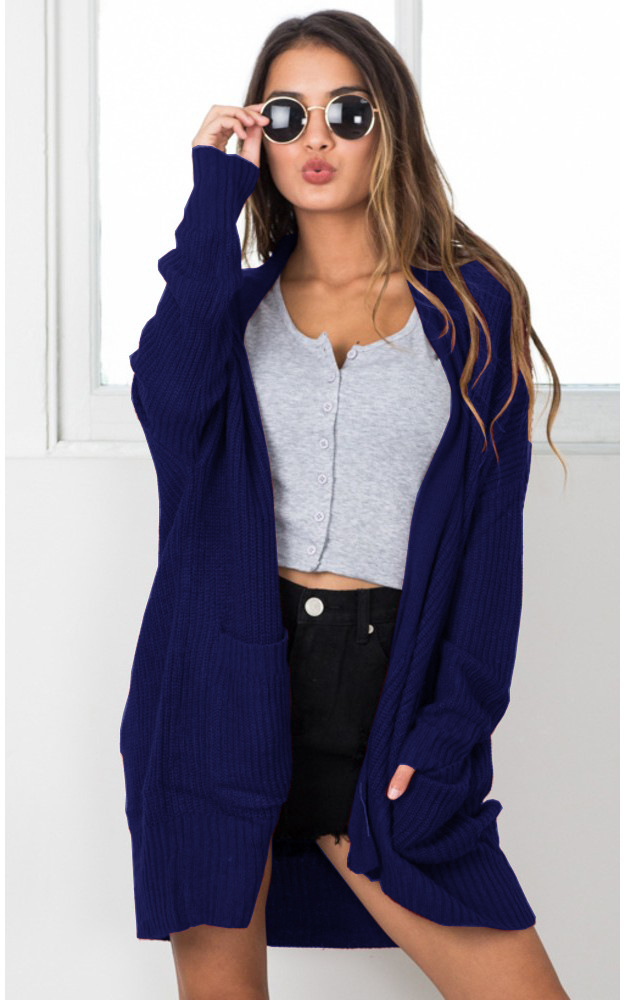 Solid Color Pockets Loose Simple Style Long Cocoon Cardigan