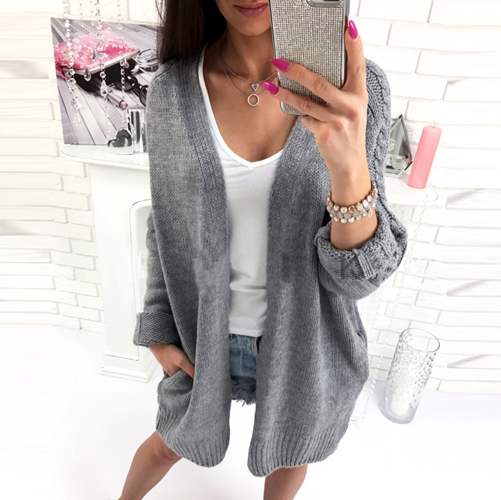 Solid Color Lable Knit Long Batwing Sleeves Women Oversized Cocoon Cardigan