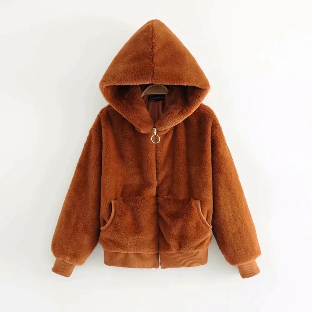 Faux Fur Pockets Solid Color Short Teddy Hooded Coat