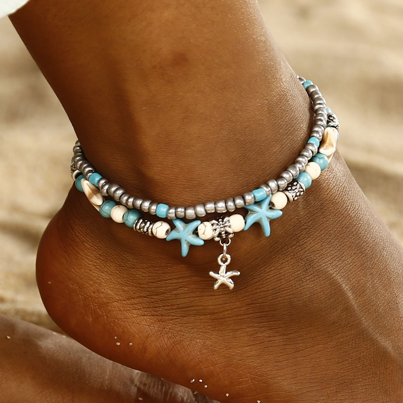 Boho Ethnic Antique 2 Layer Ankle Bracelet Cute Starfish Cuckold Foot Chain For Women Summer Beach Jewelry-4
