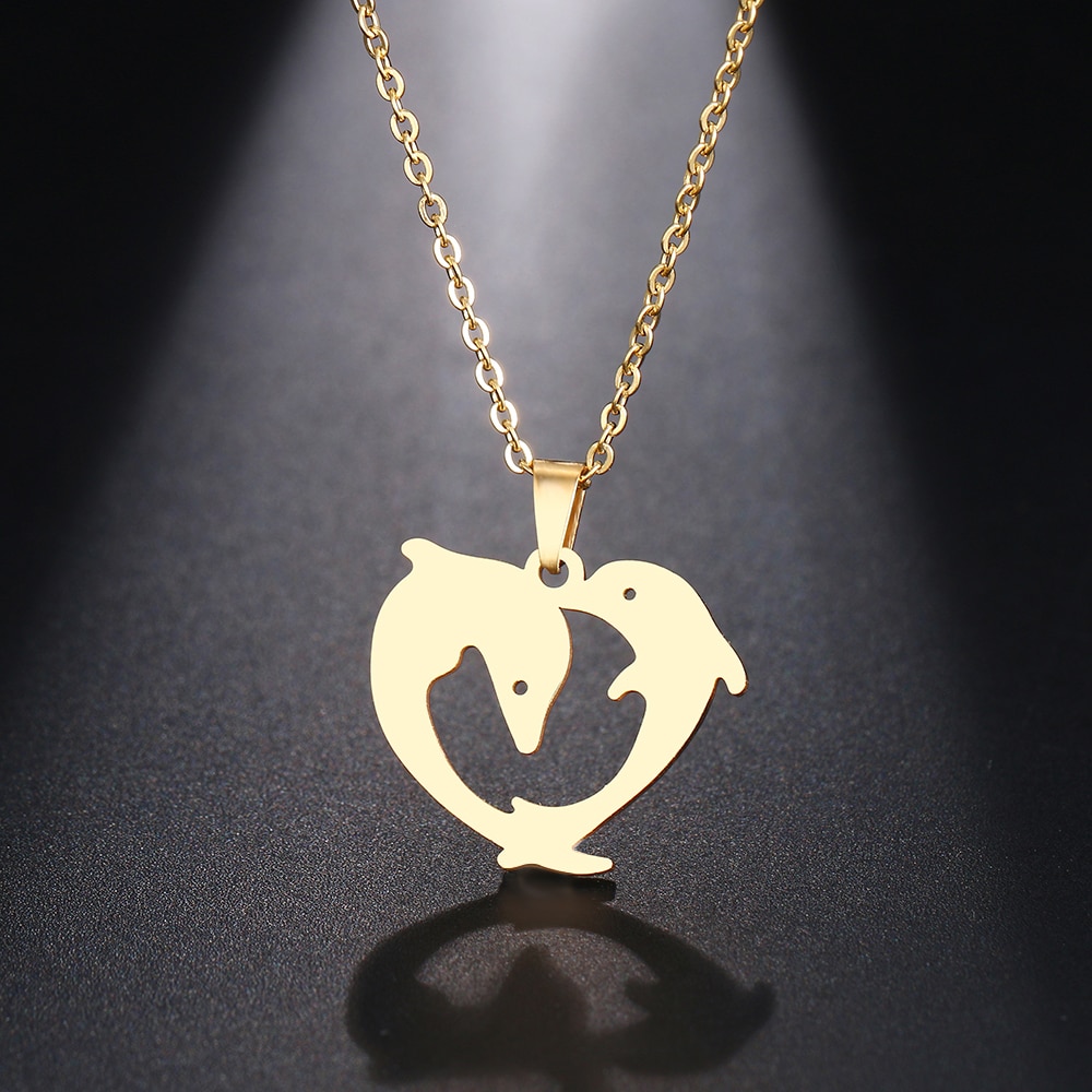 Stainless Steel Necklace For Women Man Playful Couple Dolphin Pendant Necklace Engagement Jewelry-15