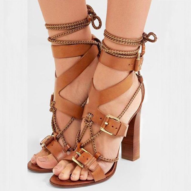 Brown Strap Leather Buckles Chunky Heel Sandals