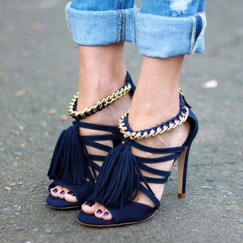 Blue Fringe Suede Chain Cutout High Heel Sandals