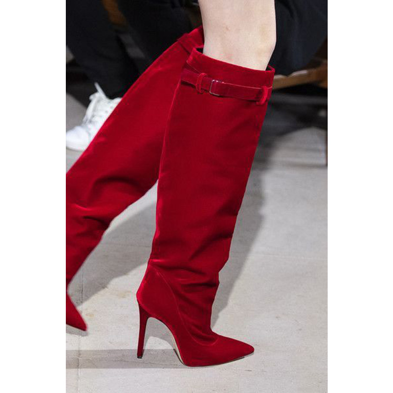 Red Suede Wide Calf Pointed Toe Knee High Boots on Luulla