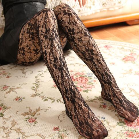 Women Lady Sexy Lace Flower Long Stockings Pantyhose High Elastic Hollow Tights Black Hosiery Mesh Fishnet Stockings