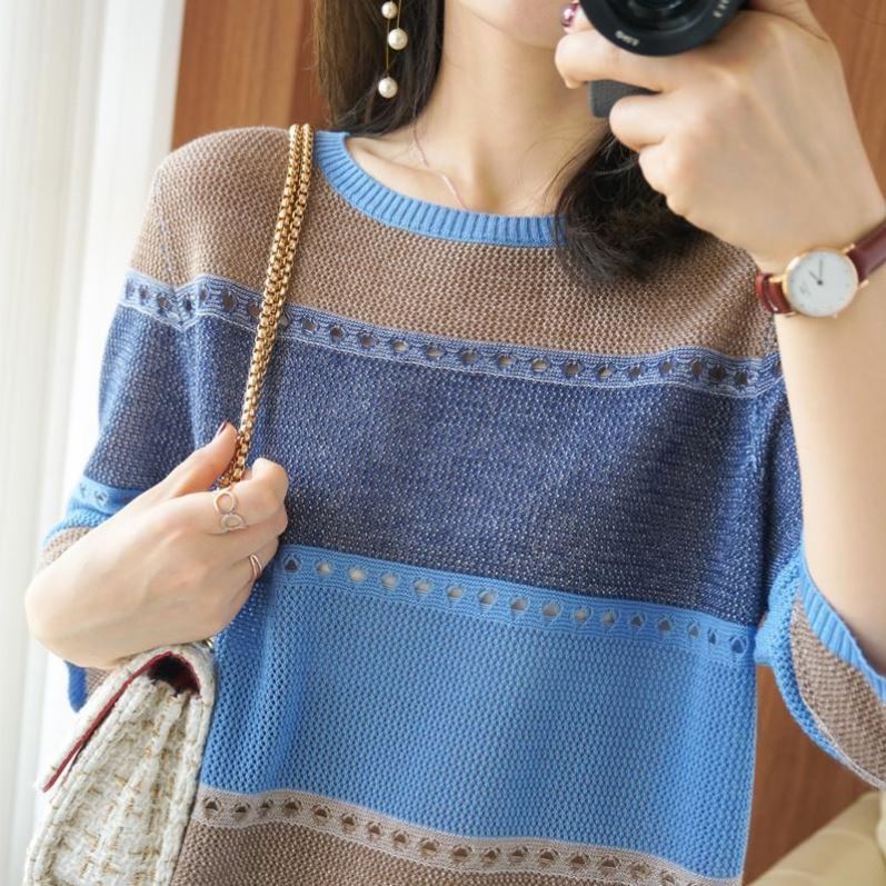 Loose Color Hollowed Out Thin Knitted Short Sleeve T-shirt For Women