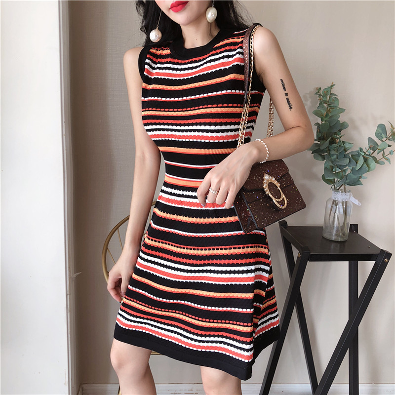 Sexy Sleeveless Color Stripe Elastic Slim Waist Knit Dress