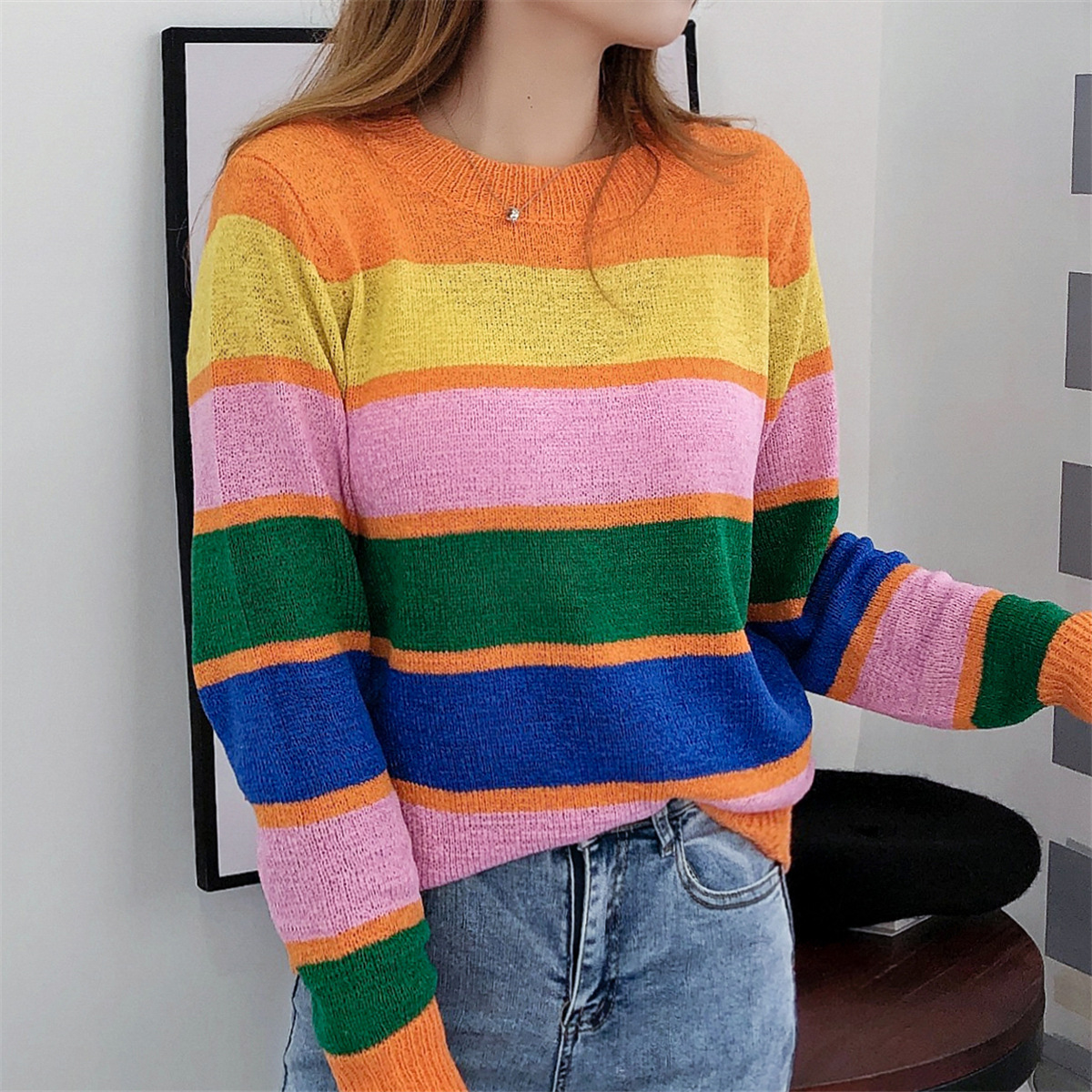 Orange Striped Loose Sweater