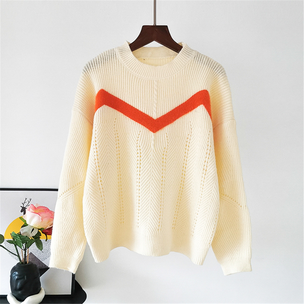 Beige Color Matching Stripe Loose Sweater