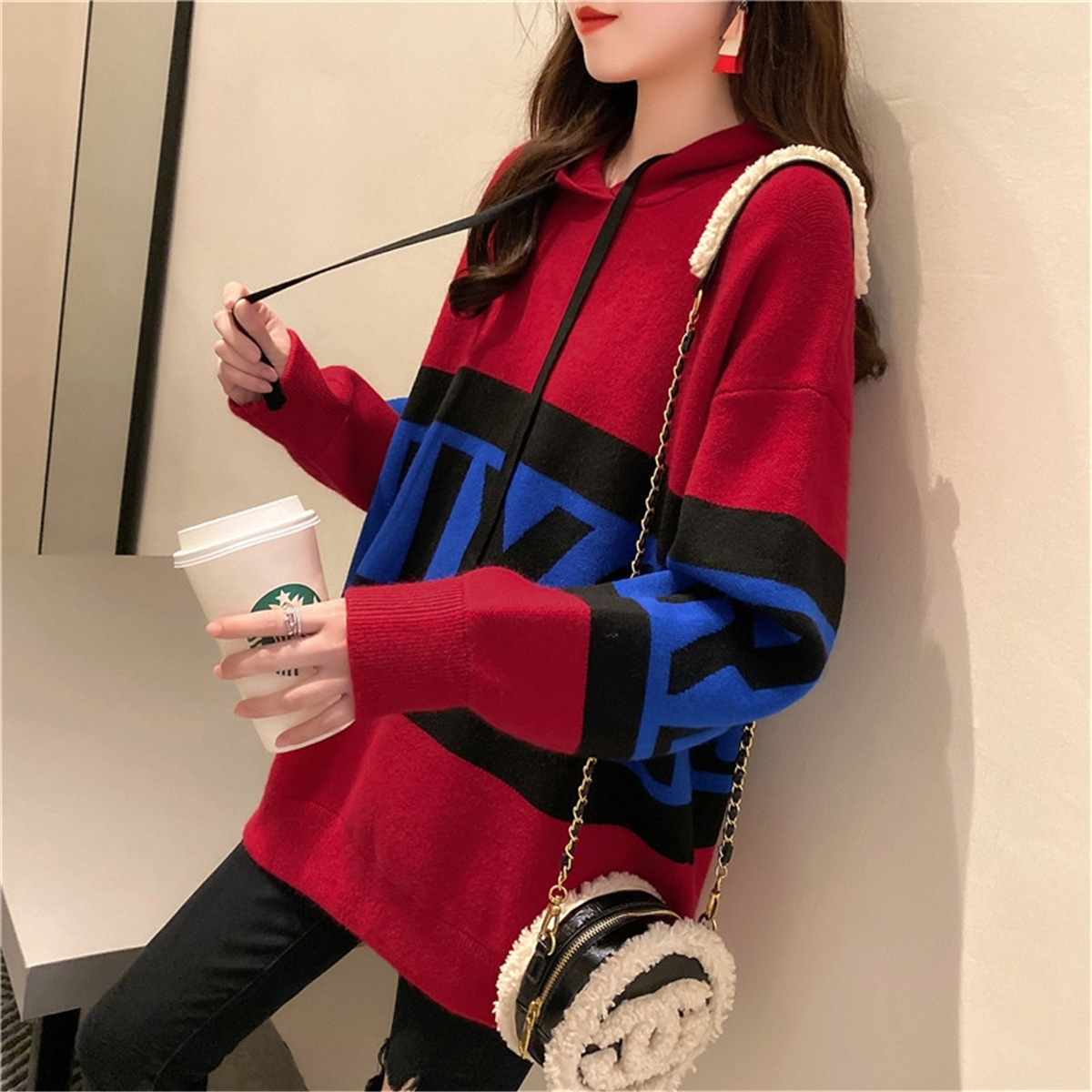 Free Shipping Casual Red Loose Crop Hoodie
