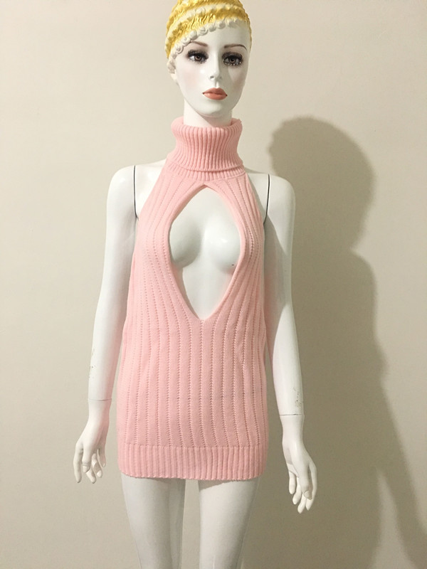 Sexy Pink Blackless Sleeveless Sweater Dress