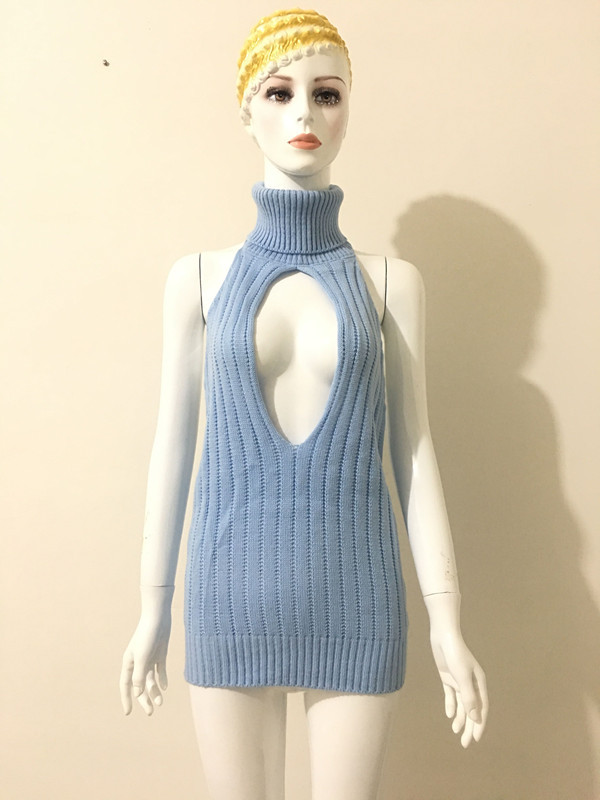 Sexy Blue Blackless Sleeveless Sweater Dress