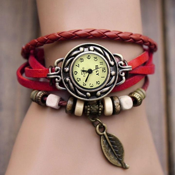 Women's Leather Bracelet Leaf Wrist Watch