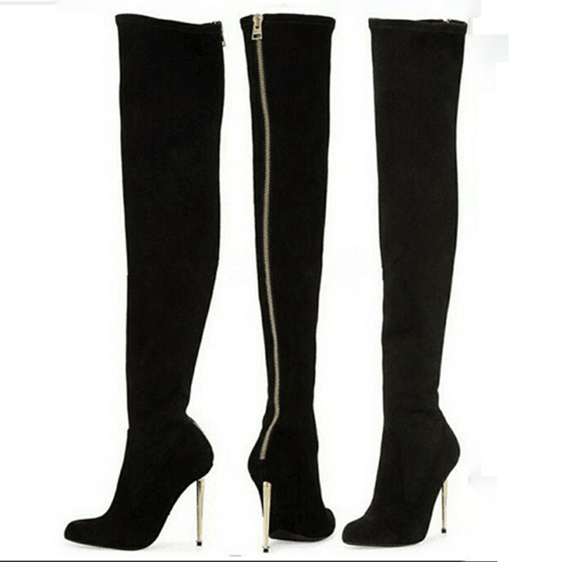 Sexy Black Suede High Heel Over Knee Zipper Boots