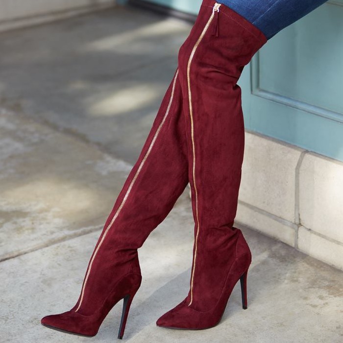 Sexy Wine Red Suede Zipper High Heel Over Knee Boots on Luulla