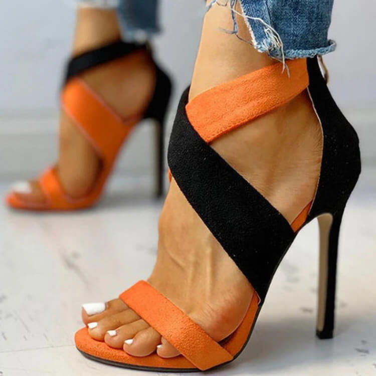Summer Orange Color Block High Heel Scrub Sandals（sh20090950）
