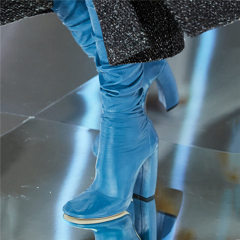 Blue Fashion Pu Fold Chunky Heel Over Knee Boots