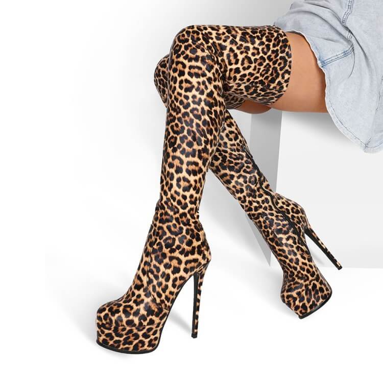 Sexy Leopard Pu Print Platform High Heel Thigh High Boots
