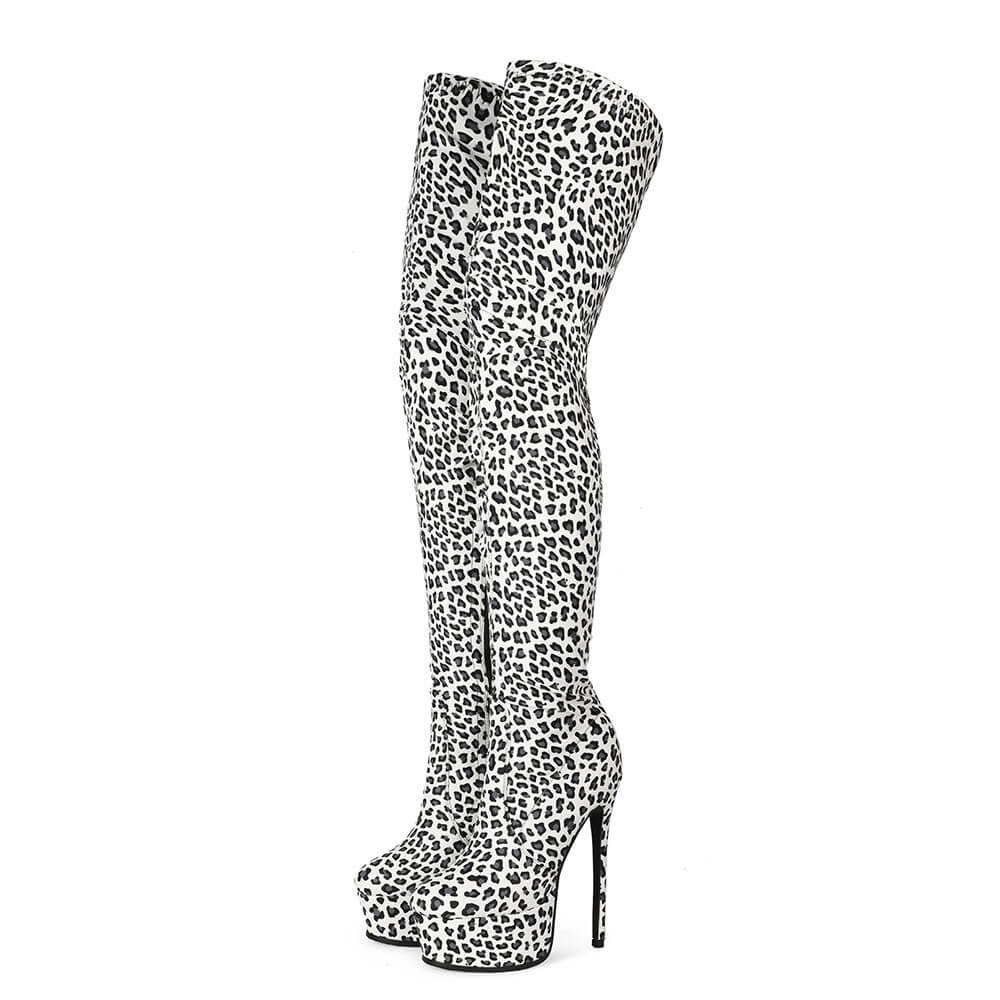 Leopard Pu Print Platform High Heel Thigh High Boots