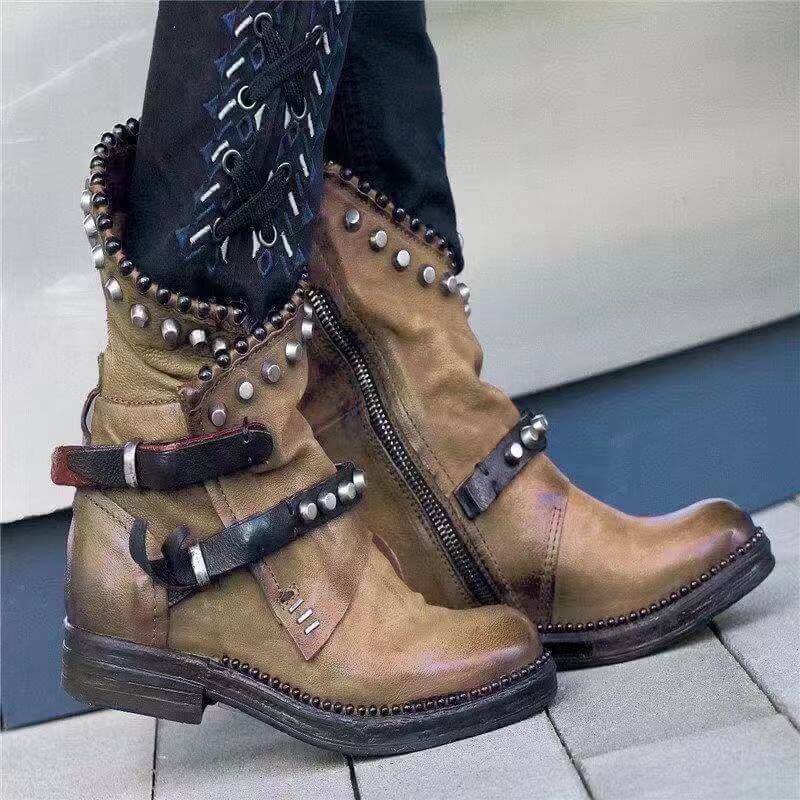 Khaki Retro Suede Round Toe Buckle Low Heel Calf Boots