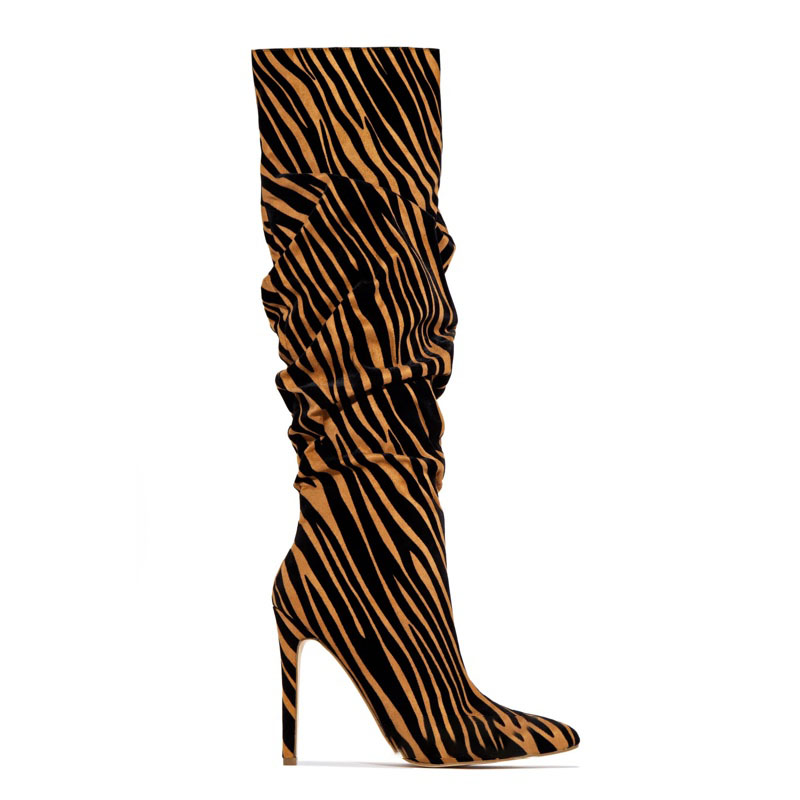 Zebra Suede Print Point Toe High Heel Knee High Boots