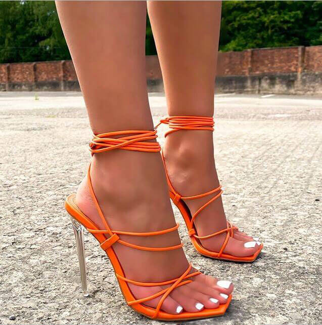 Orange Pu Square Toe Plain Cutout Strap High Heel Sandals