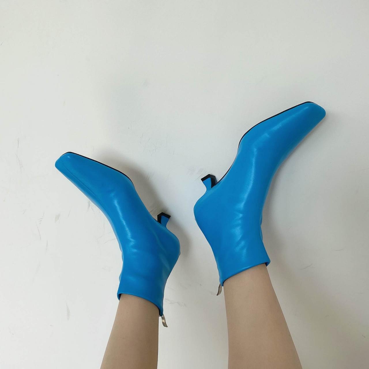 Blue Fashion Leather Square Toe Low Heel Stretch Calf Boots