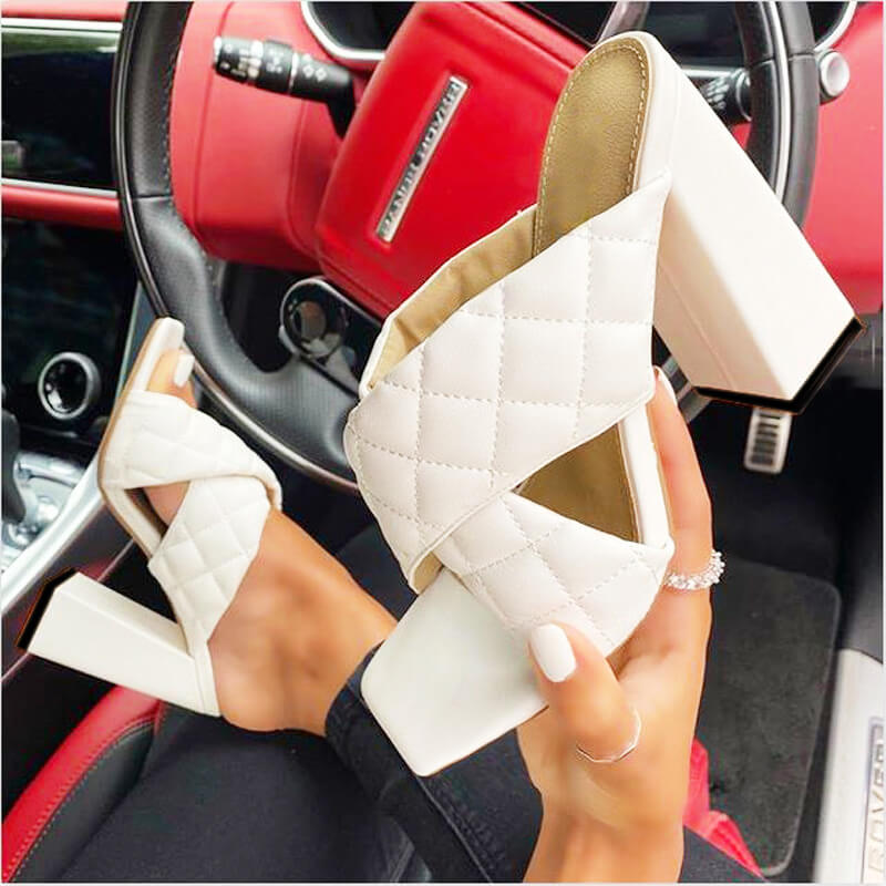 White Summer Pu Open Square Toe Chunky Heel Mule Sandals