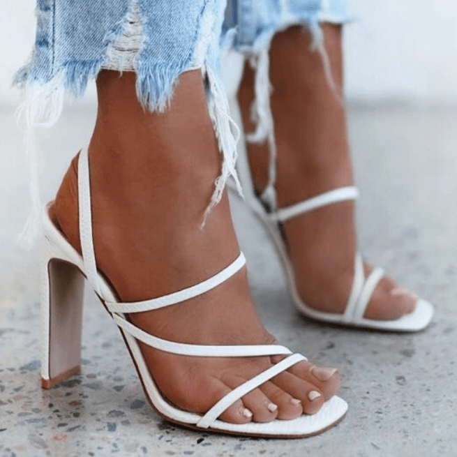 White Summer Pu Square Toe Chunky Heel Mule Sandals