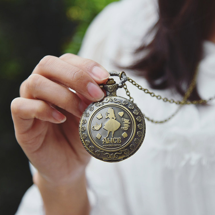 Alice in Wonderland Large Pocket Watch Necklace in Silver