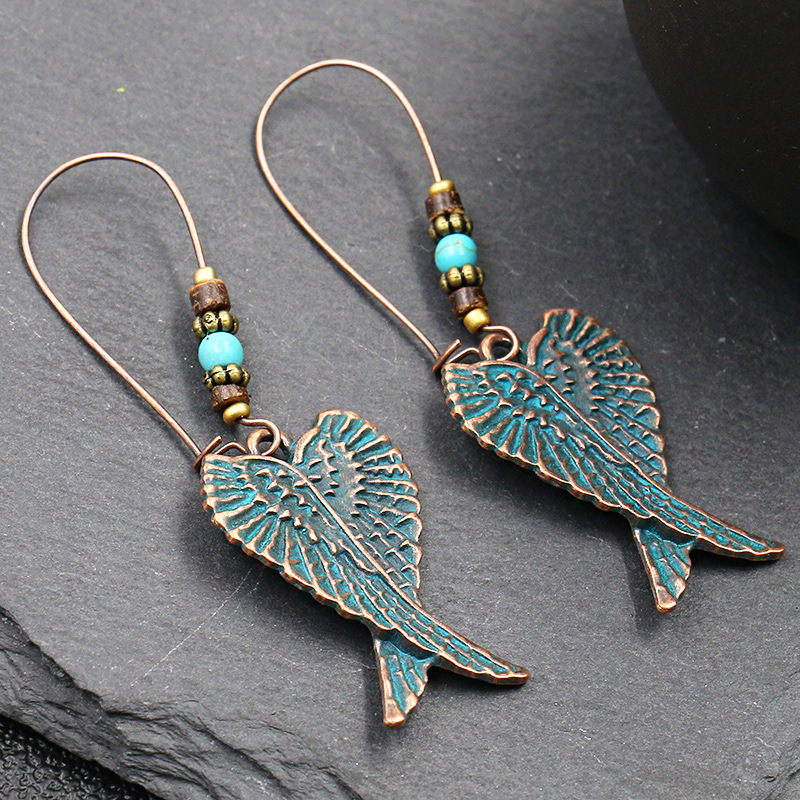 Wings And Leaves Hand Of Fatima Round Turquoise Beads Earrings-1