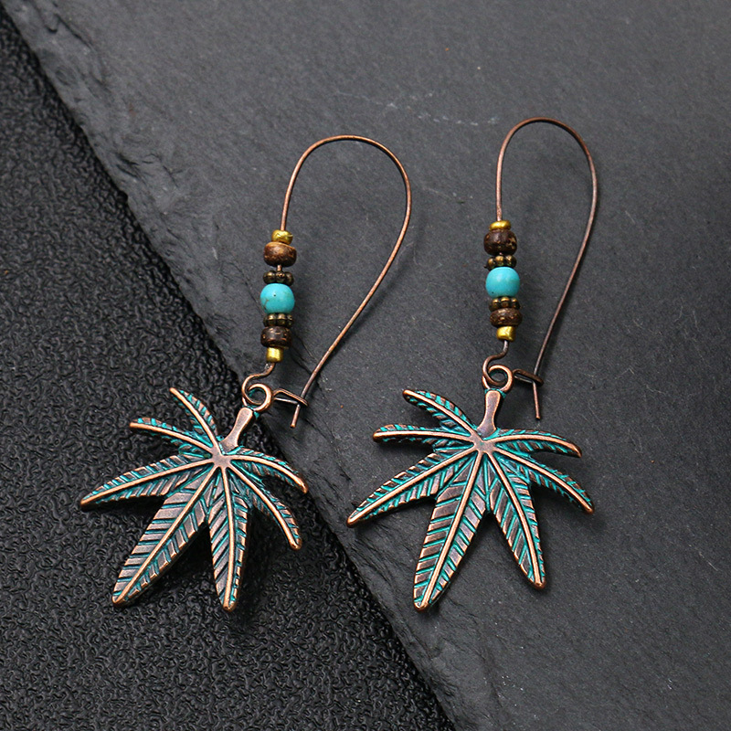 Wings And Leaves Hand Of Fatima Round Turquoise Beads Earrings-2