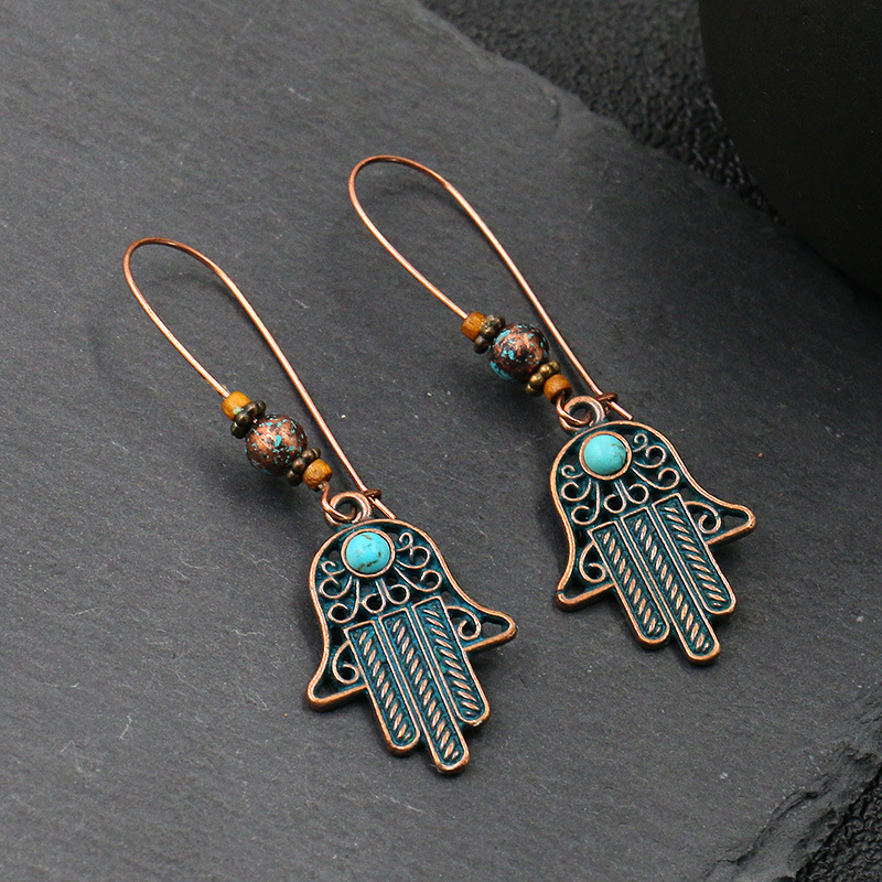 Wings And Leaves Hand Of Fatima Round Turquoise Beads Earrings-5