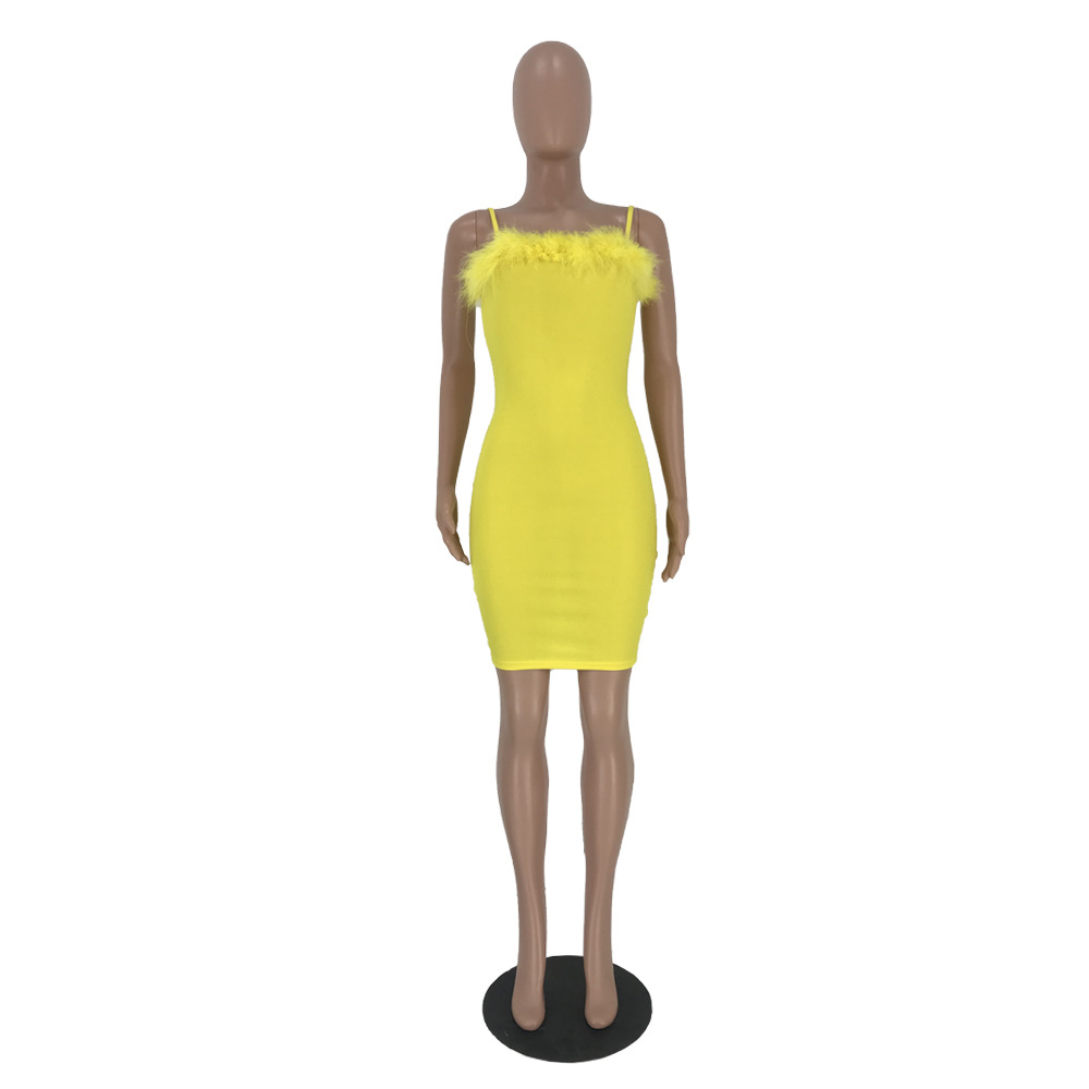 Feather Sling Party Dress-yellow