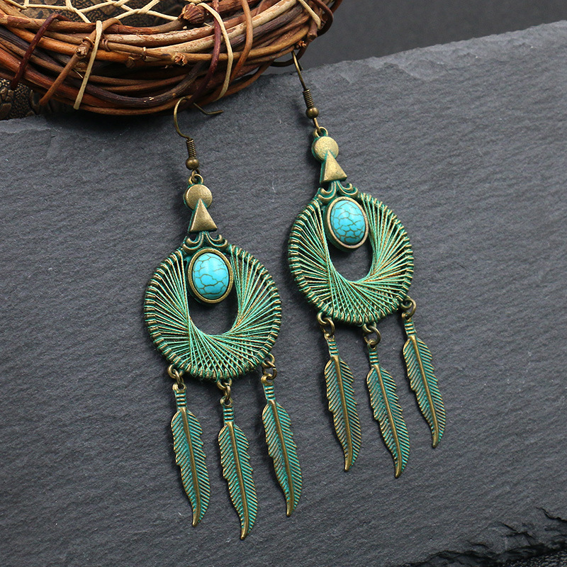 Retro Alloy Earrings Round Hand Wound Feather Leaf Turquoise Earrings