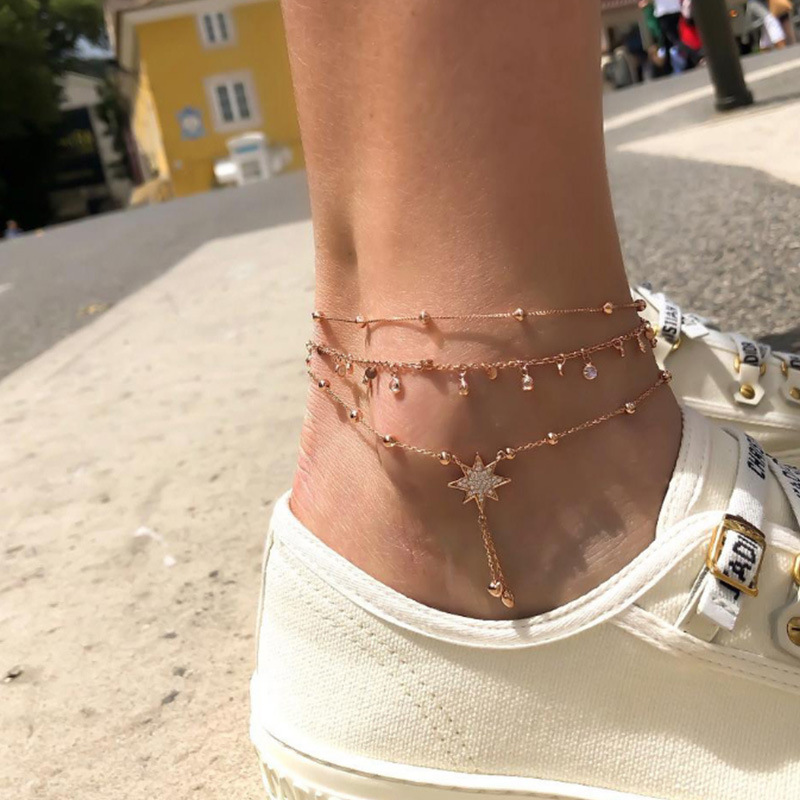 Fashion Women's Multi-layer Round Diamond Foot Chain Summer Beach Jewelry-1