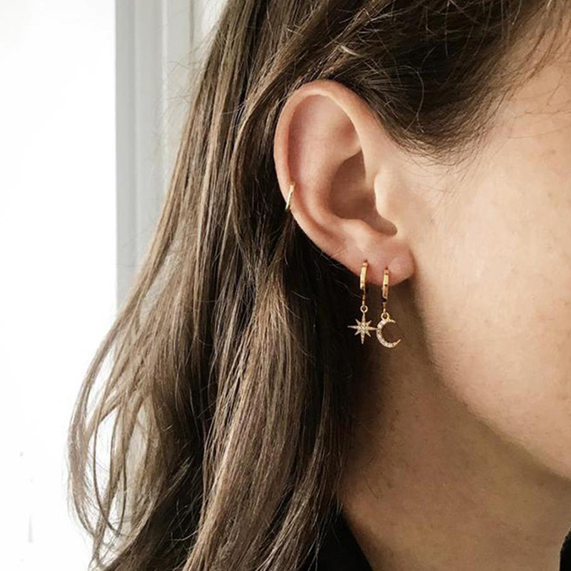 Full Diamond Women's Five Pointed Star Moon Earrings And Earrings Pendant Combination