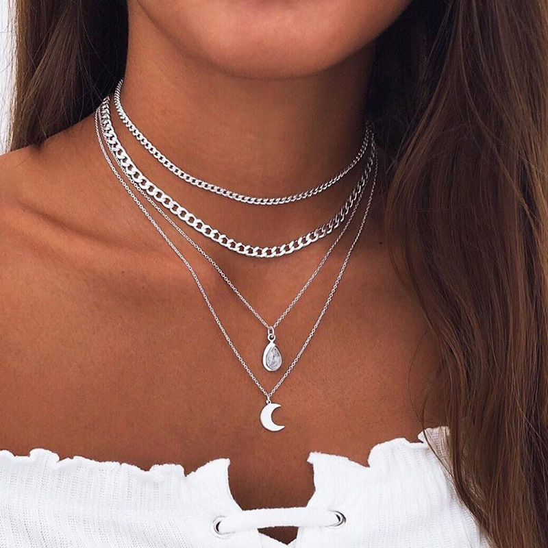 Alloy Crescent Gem Water Drop Pendant Multi Layer Necklace