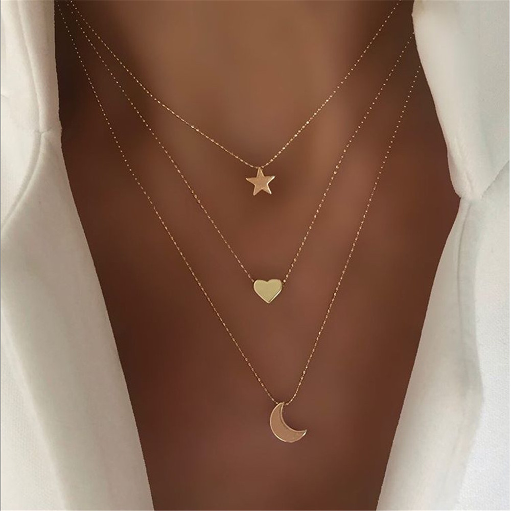 Gold Pendant Collar Chain Creative Retro Simple Star Moon Love Pendant Necklace