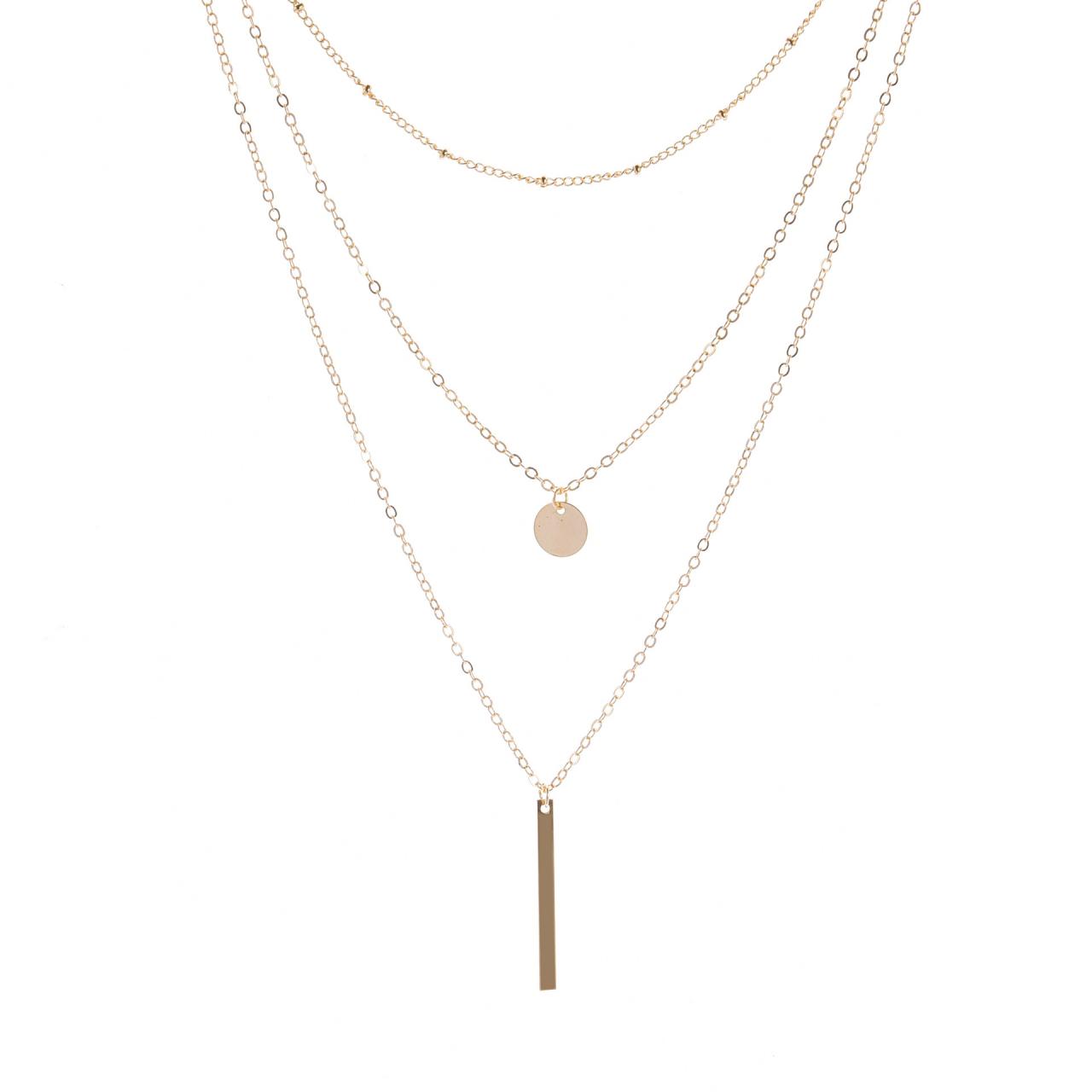 Copper Bead Chain Sequin Metal Strip Multilayer Short Necklace-1