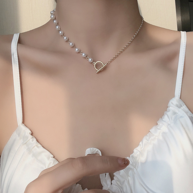 Metal Imitation Pearl Necklace Neck Chain Asymmetric Pendant Necklace French Clavicle Chain