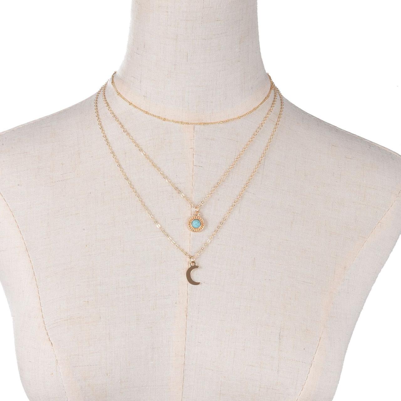 Turquoise Multi-layer Necklace Women's Metal Moon Pendant Necklace Chain-2