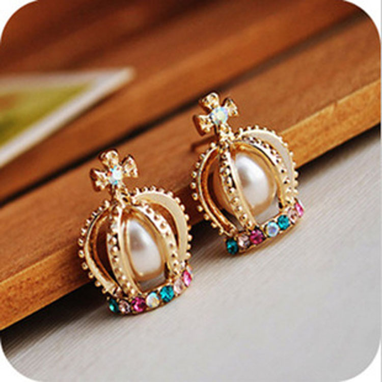 Earrings Earrings Pearl Cross Earrings Color Diamond Crown Earrings Feminine Earrings