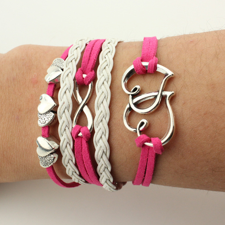 Retro Heart To Heart 8-character Multi Strand Fashion Bright Leather Rope Hand Woven Bracelet