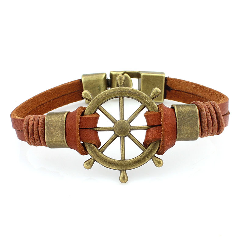 Alloy Buckled Sailboat Rudder Bracelet Head Leather Bracelet Jewelry-2