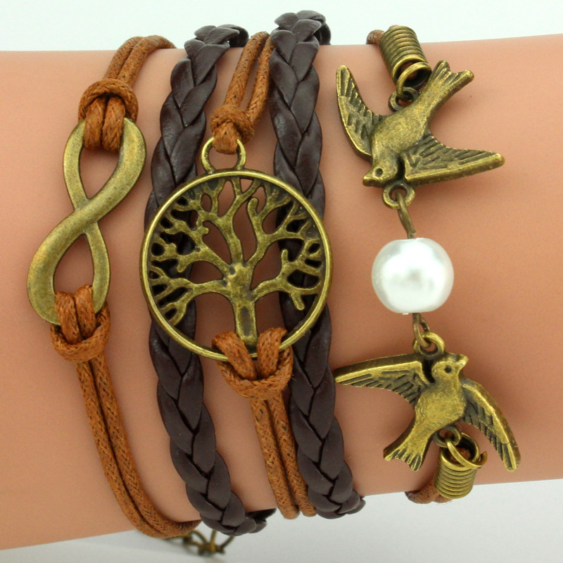 Retro 8-character Infinite Life Tree Bracelet And Bird Alloy Accessories Woven Bracelet-3