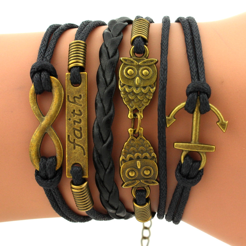 Anchor 8 Owl Faith Multi Element Combination Multi Layer Bracelet