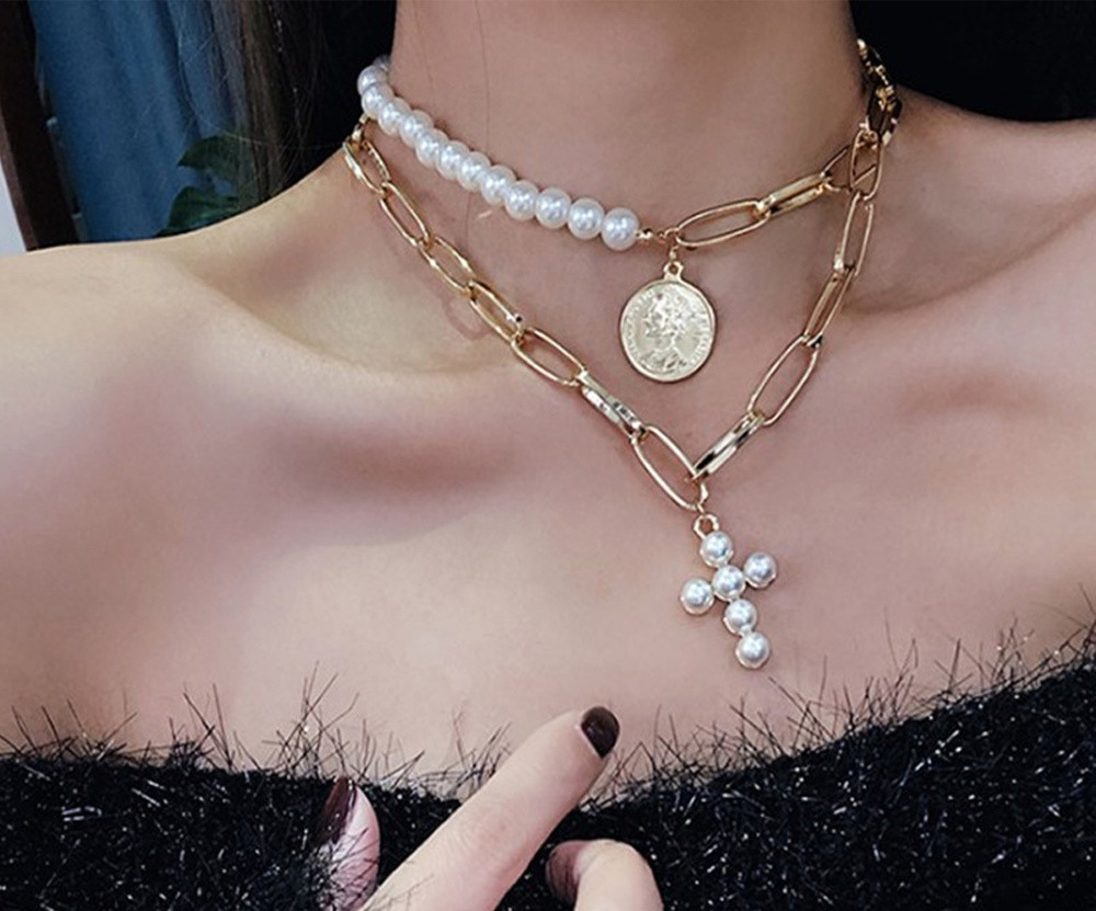 Alloy Double Layer Necklace, Cross Coin And Pearl Necklace