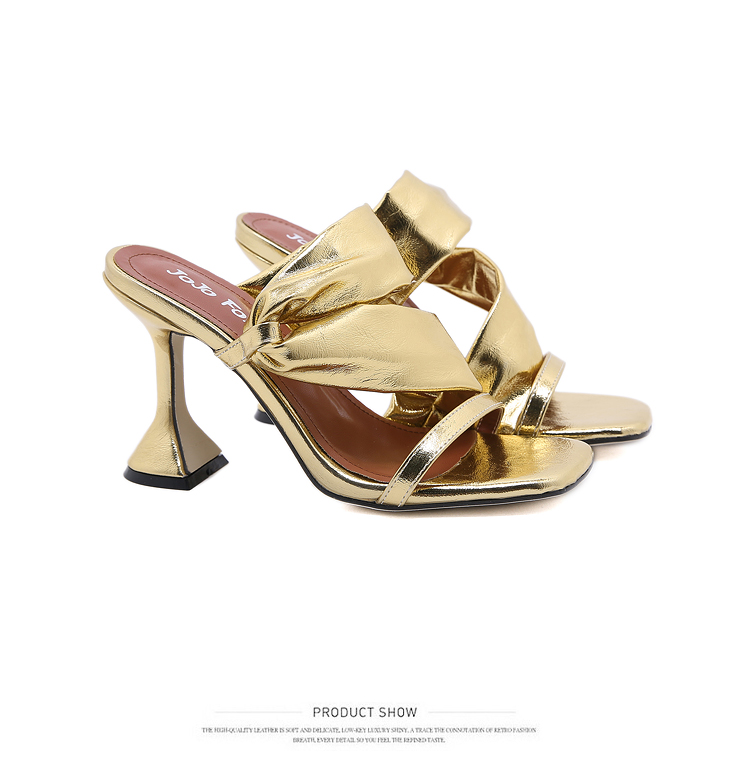Style Glass Heel Square Head High Heel Solid Color Sandals-golden