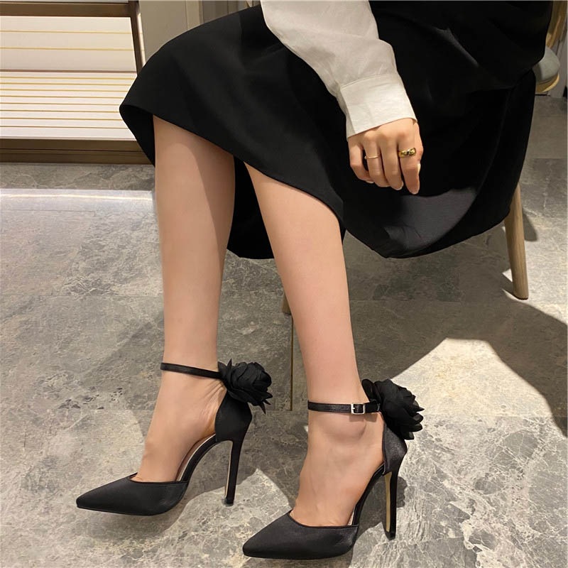 Style Pointed Toe Wrap Single Shoes With One Button Thin High Heel And Shallow Mouth Women's Sandals-black